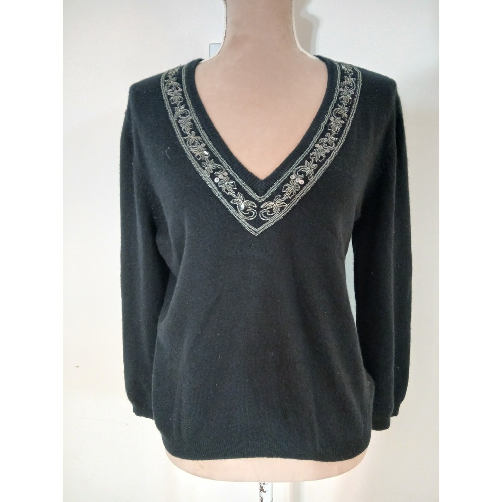 Moda International Womens XL Black Silk Cashmere Beaded V-Neck Sweater Vtg Y2k